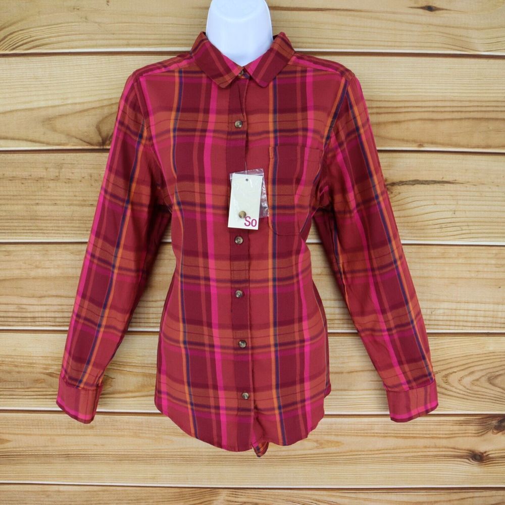 SO Button Up Shirt Long Sleeve Womens Size M Red Plaid Cotton Blend Collared NWT